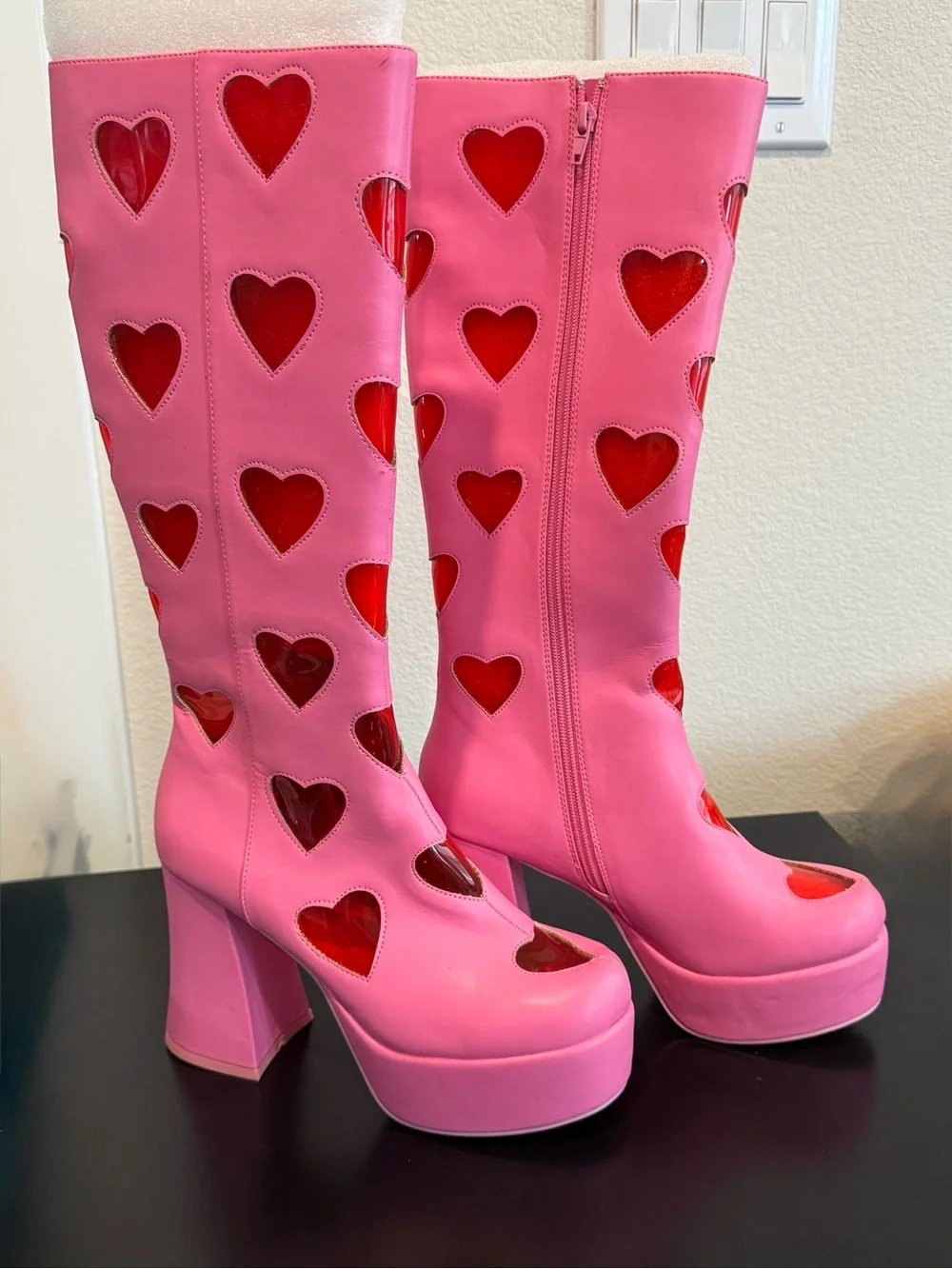 Pink Platform Knee-High Boots with Red Heart Cutouts
